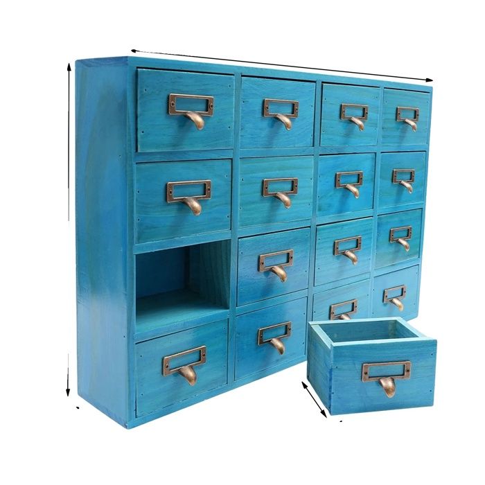 Armoire de rangement design à 16 tiroirs construction élégante en bois et métal Bleu
