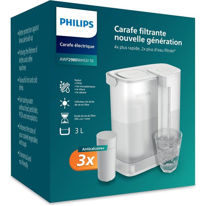 Carafe filtrante - PHILIPS WATER - AWP2980WHS3/10 - 3 L - Ultrafiltration 4 étapes - Affichage numérique