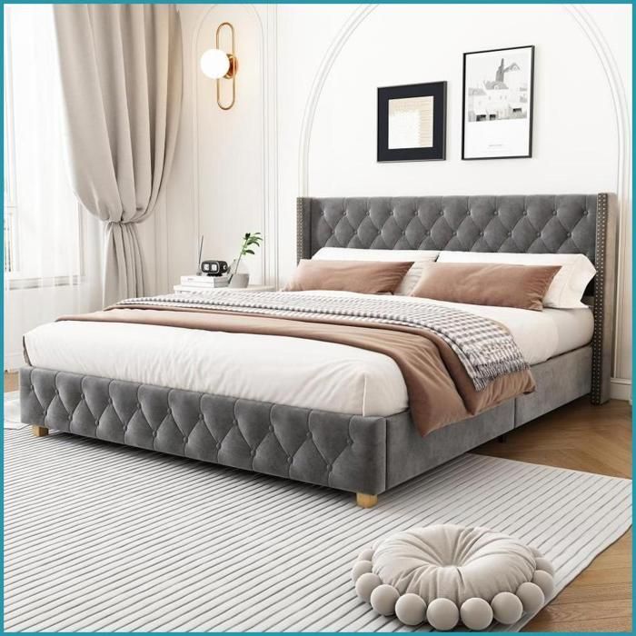 Lit Rembourré Velours 140x190cm - Sommier Lattes Capitonnage Boutons &amp  Rivets Gris