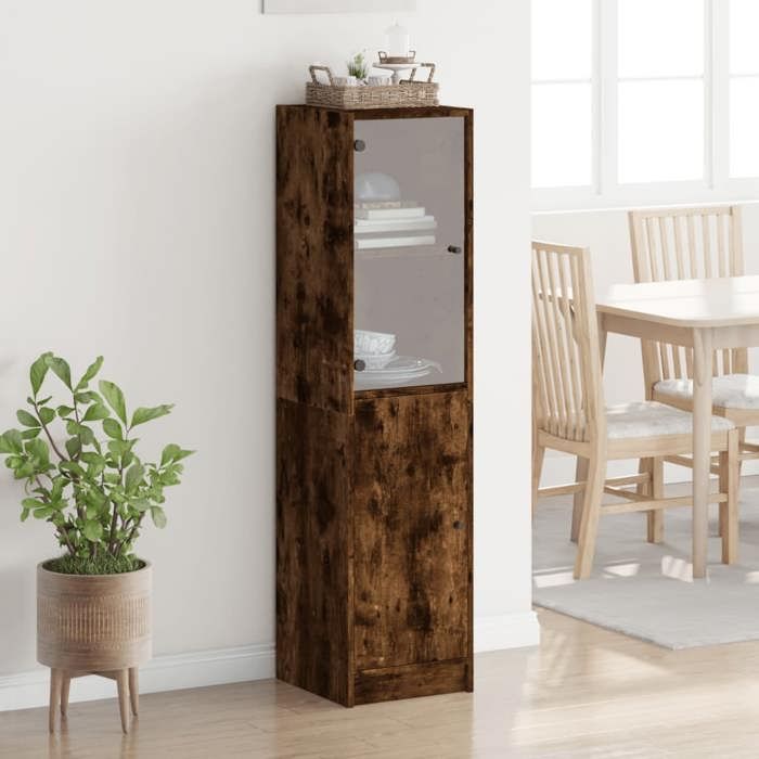 Buffet avec porte en verre - vidaXL - Chêne fumé - 35x37x142 cm - Quatre compartiments - Capacité 60 kg - Porte vitrée