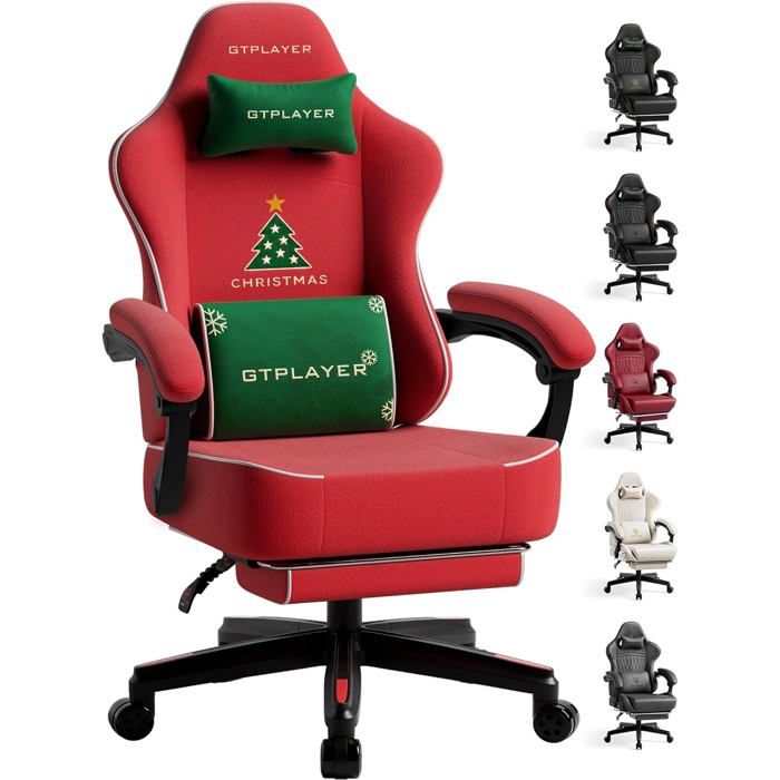 Chaise gaming motif Noël avec repose pieds assise coussin plumes accoudoir synchronisé. Pour grandes tailles velours.