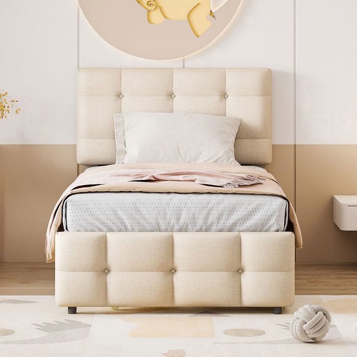 Lit gigogne Maisentiel 90x200 lin beige tête réglable et lit tiroir 90x190cm design classique