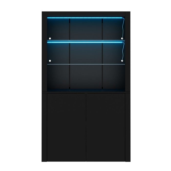 Meuble de rangement 100x35x170 cm noir vitrine 2 placards et 2 étagères verre laqué brillant avec éclairage LED pour salon