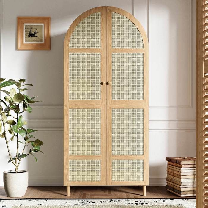 Armoire moderne à portes courbes avec tiroir et tringle Garde-robe espace de rangement Convient pour chambre Naturel