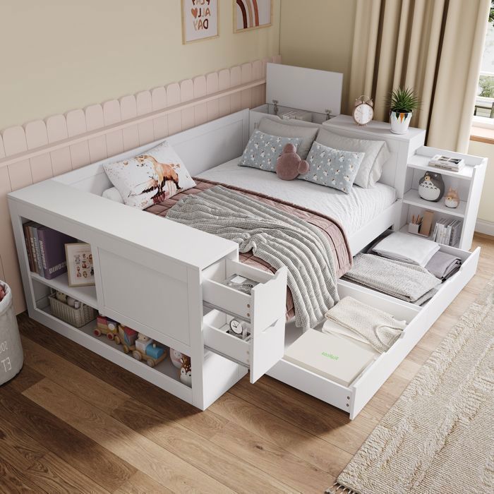 Lit Enfant - MERAX - Lit Combiné avec Tiroirs Table de Chevet et Rangement - 140x190 cm - en Bois Blanc - Sommier inclus Lit Enfant - MERAX - Lit Combiné avec Tiroirs Table de Chevet et Rangement - 140x190 cm - en Bois Blanc - Sommier inclus