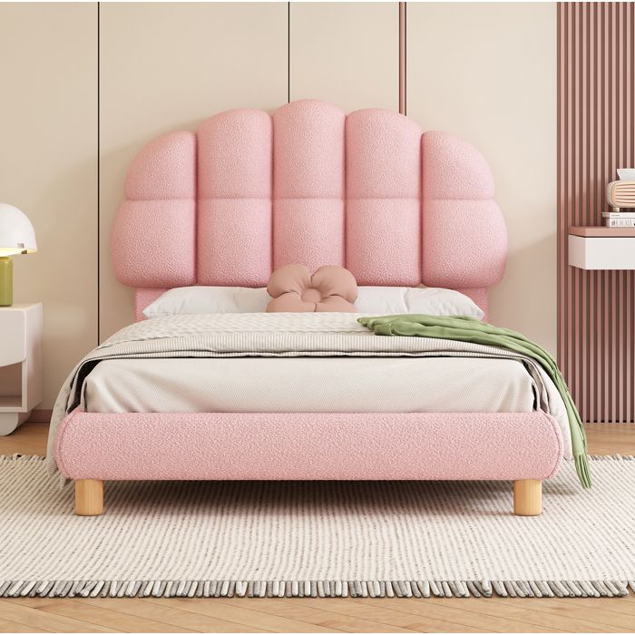 Lit enfant 90x200 cm rembourré avec tête de lit demi-lune réglable sommier à lattes velours rose