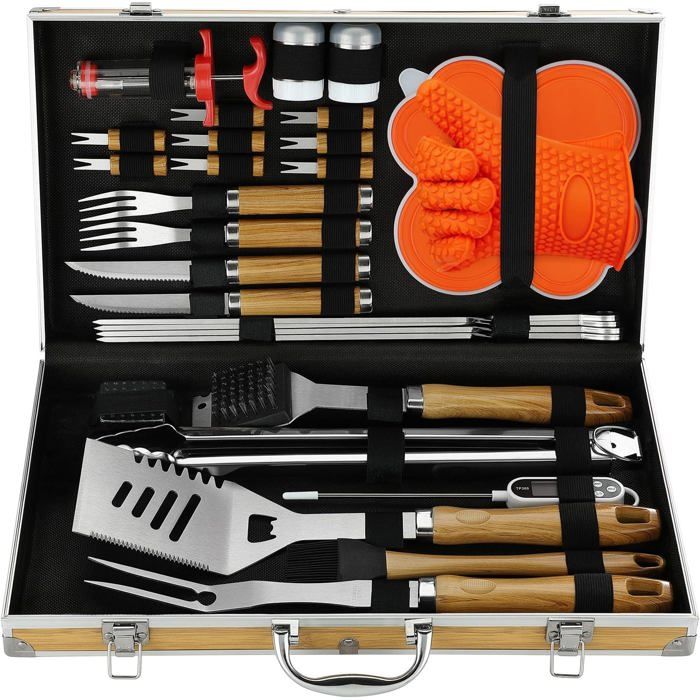 Kit Barbecue 30 Pièces En Acier Inoxydable Ensemble Accessoires BBQ Complet Pour Grillades Extérieures