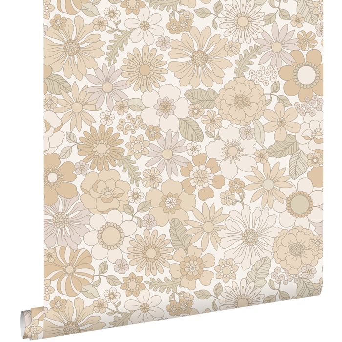 Papier peint fleurs rétro beige crème clair - 50 x 900 cm - ESTAhome