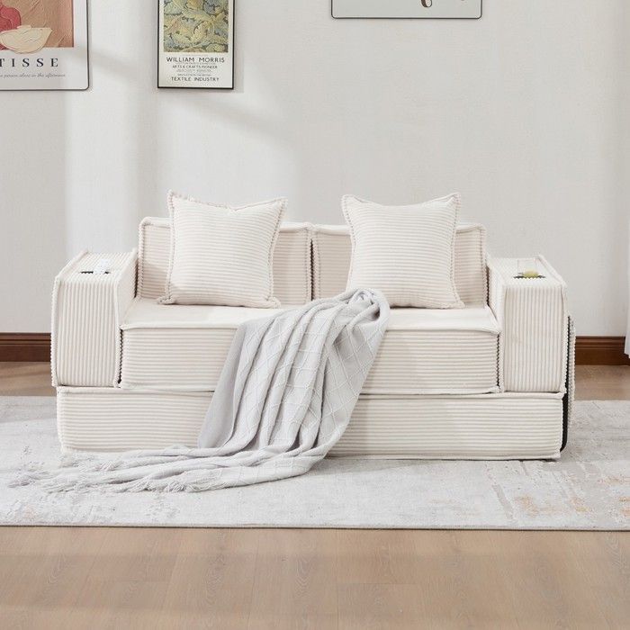 Canapé-lit - Convertible 2 places - Tissu corde beige - 2 coussins inclus - Poches latérales de rangement