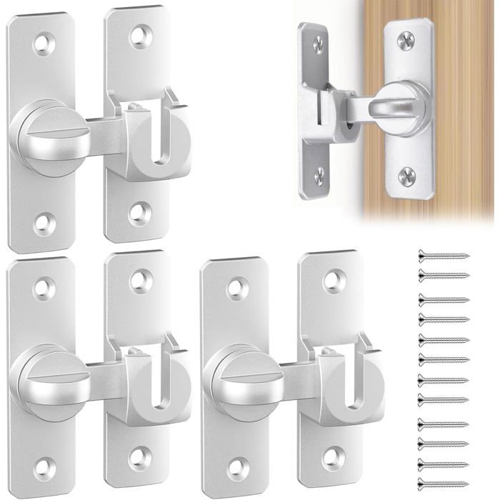 3 Paires de Loquets de Porte Coulissante Aluminium - Verrou 90°/180° avec 12 Vis - Pour Portes Fenêtres Armoires