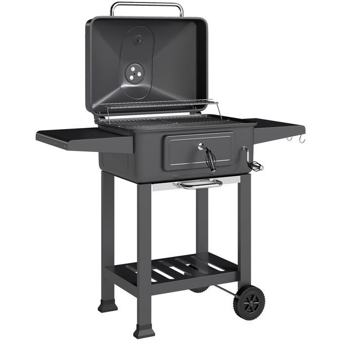 LIA Barbecue Charbon de Bois Chariot Grill de Jardin avec Couvercle XXL Bac à Charbon et Évents Réglables 112cm Noir