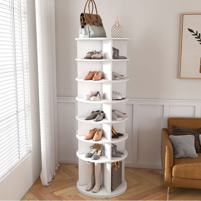 Meuble à chaussures rotatif 360° EVRYAE 7 niveaux 60 x 60 x 184 cm 28 paires PVC blanc