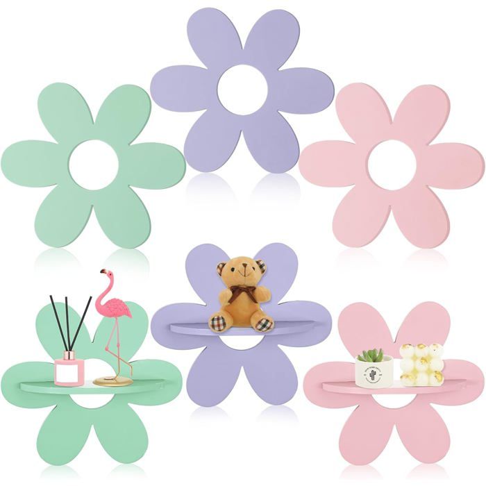 Étagères Murales Fleur en Bois Lot de 6 Rangement Décoratif Flottant Style Marguerite Multicolore
