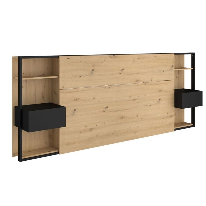 Tête de lit avec chevets suspendus et tablettes aspect bois et noir - KATELL Tête de lit avec chevets suspendus et tablettes aspect bois et noir - KATELL