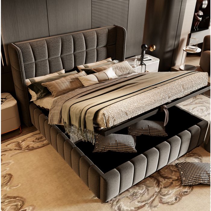 Lit coffre gris 180×200 cm sommier inclus rangement intégré structure solide sans matelas