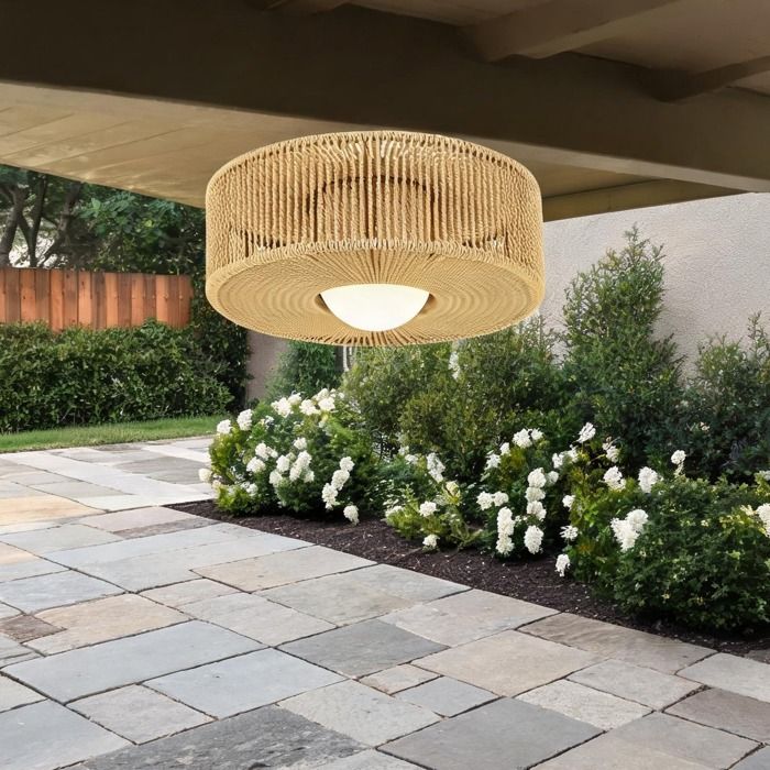 Lustre suspendu en corde de chanvre et métal pour salon ou chambre diamètre 30 cm style bohème contemporain