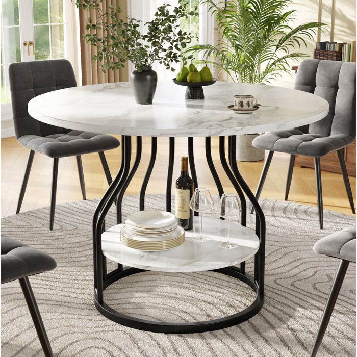 Table à manger ronde – MDF marbre noir – 80 x 80 x 76 cm – pour 4 personnes