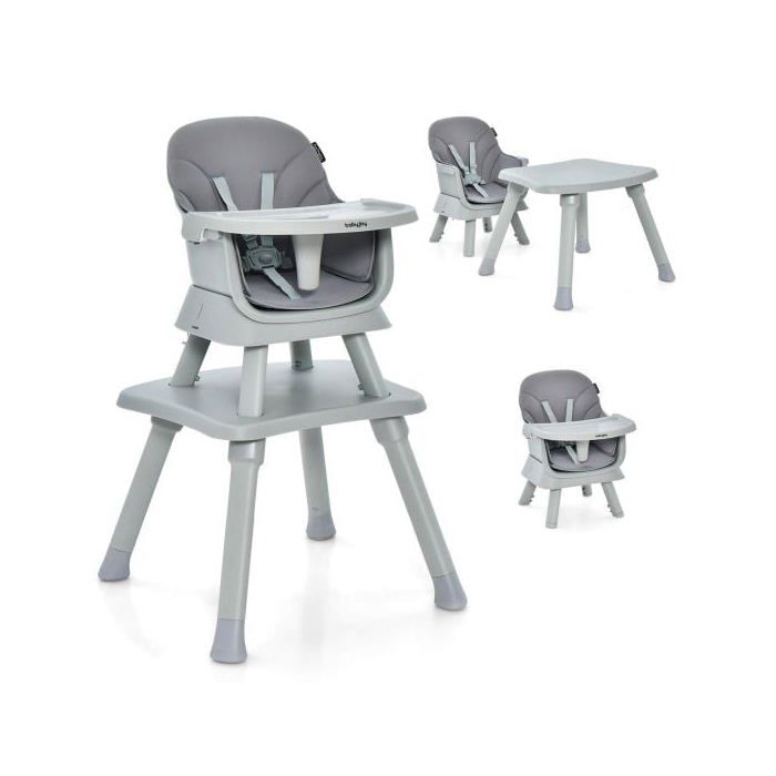 Chaise Haute Bébé 6-en-1 Évolutive avec Harnais 5 Points - Table/Bureau/Rehausseur - De 6 à 36 Mois Gris