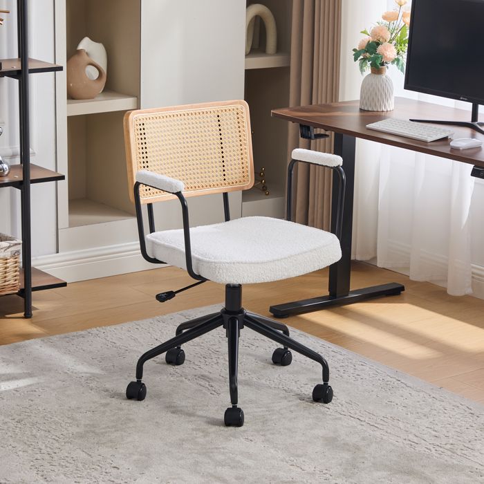 Chaise de Bureau Pivotant à Roulettes 360° en Chenille - Fauteuil manager Réglable avec Accoudoirs - Dossier en Rotin - Ivoire