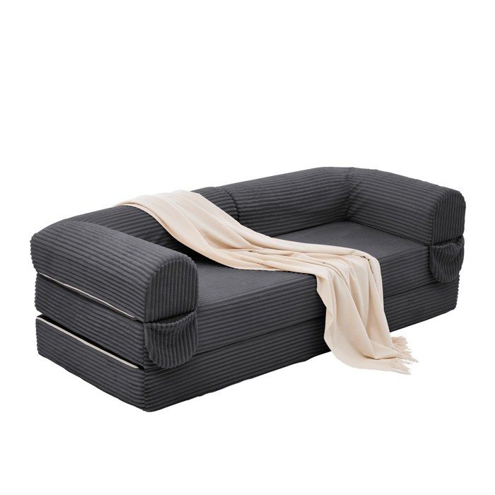 ELVORIN canapé convertible 2 places 202 x 84 x 62 cm tissu côtelé gris accoudoirs rembourrés couchage d appoint 150 x 183 cm