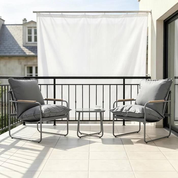 Salon de balcon 2 personnes EVRYAE gris avec table carrée en verre et 2 chaises à coussins