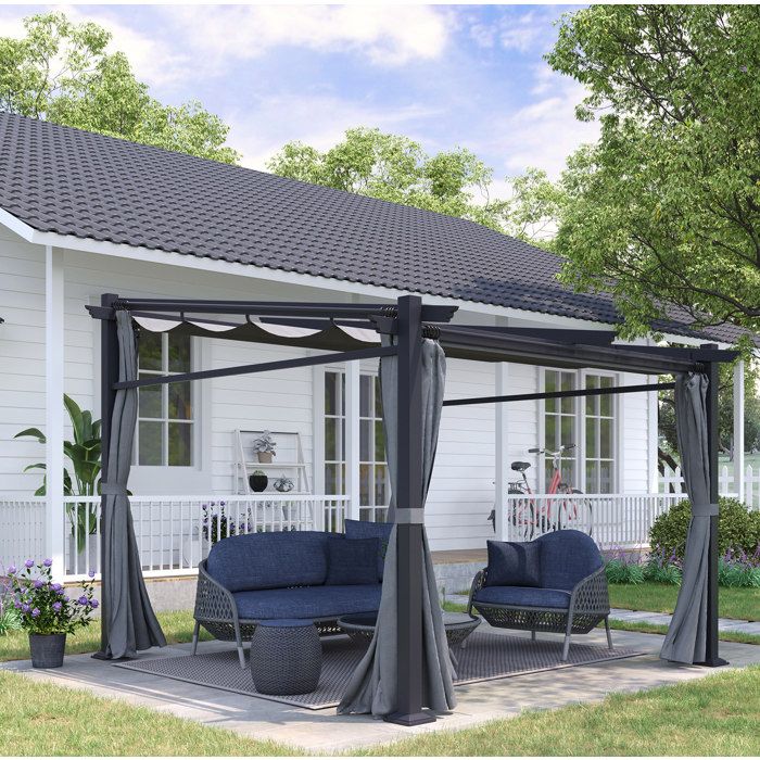 Pergola adossée 3 x 3 m avec toit rétractable rideaux structure en acier gris foncé