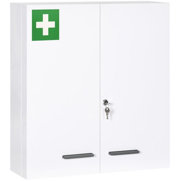 Armoire à pharmacie murale 2 portes verrouillable en acier blanc 55x18x60 cm avec 6 étagères