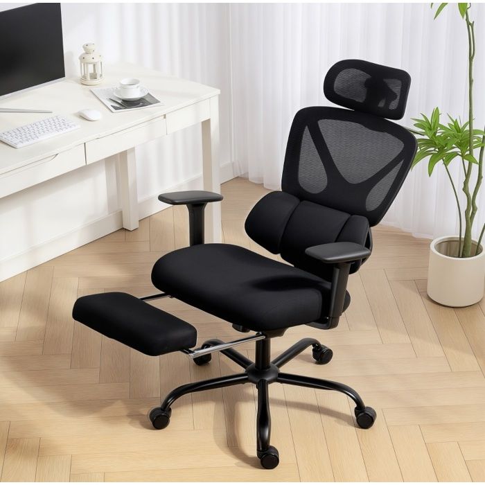 Fauteuil de bureau ergonomique à roulettes avec soutien lombaire accoudoirs 3D et repose-pieds en mesh noir