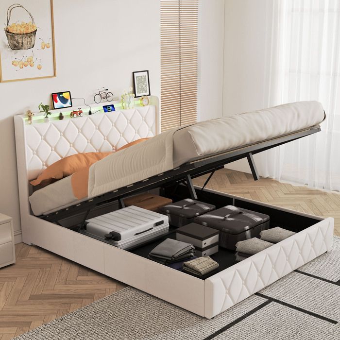 Lit coffre 140x200 cm - URBANLUXE - Modèle 140x200 - Velours beige - Sommier à lattes - LED intégrée