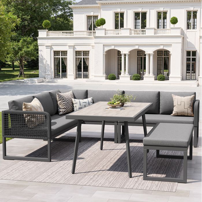 Salon de jardin modulable gris 6-8 personnes en PE-résine tressée avec table et banc