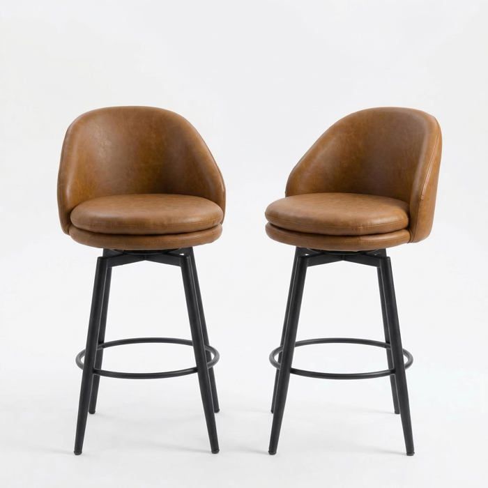 Lot 2 tabourets pivotants 66cm marron PU dossier cuisine/bar