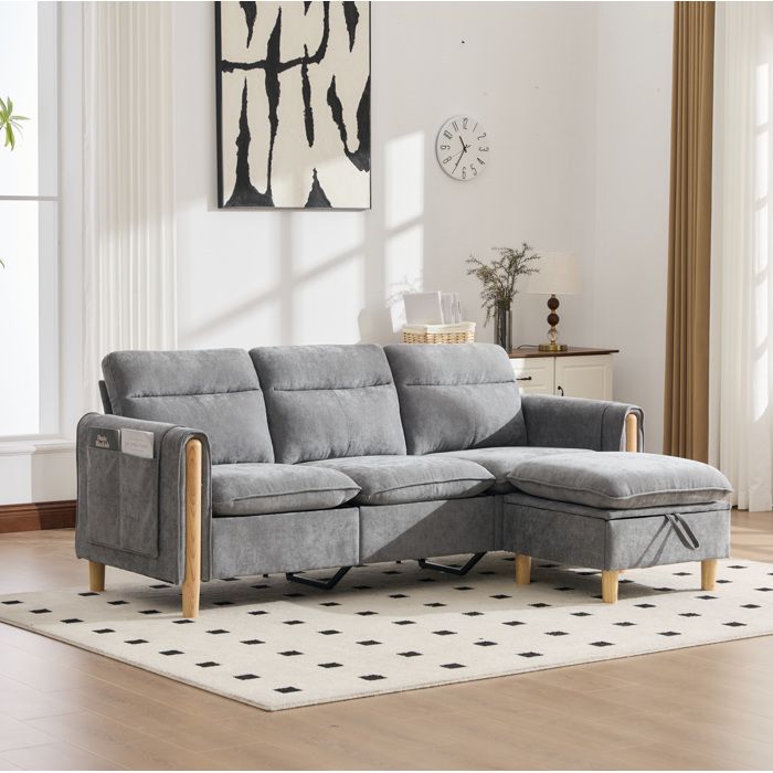 WUVRIE Canapé d’angle modulable 3 places en chenille gris clair avec pouf coffre réversible
