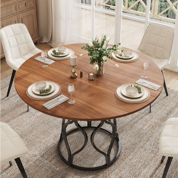 Table a manger ronde 100 x 100 x 75 cm pour 4 a 6 personnes avec tablette plateau MDF aspect noyer et metal noir