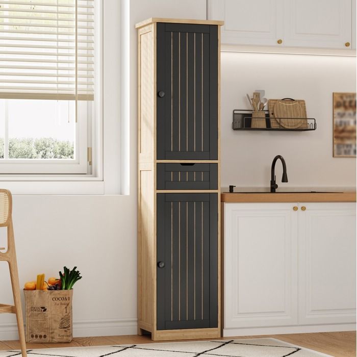 Armoire colonne de cuisine avec 2 portes 1 tiroir 4 étagères réglables en MDF style rétro naturel noir 40×30×170 cm