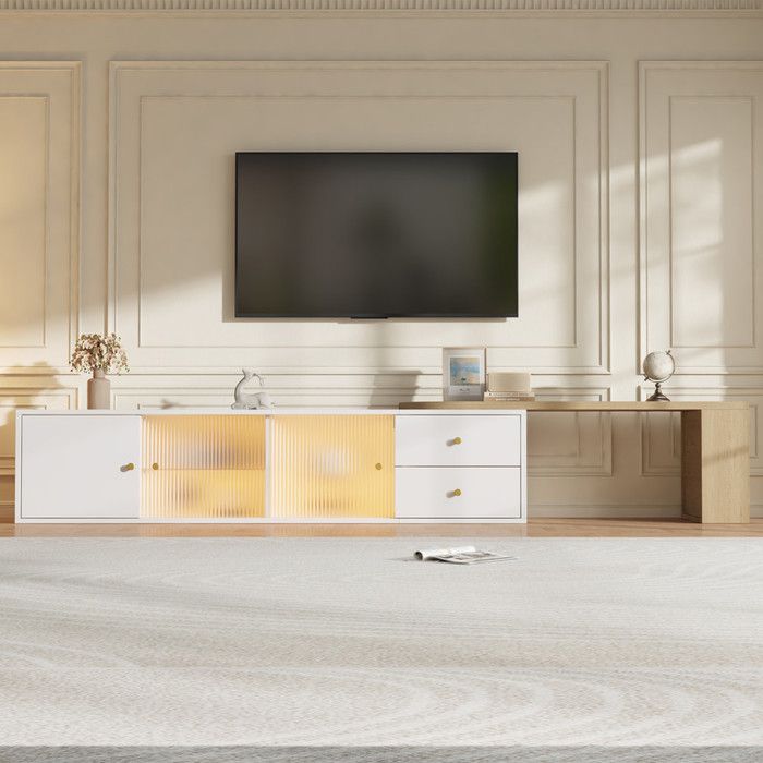 Meuble TV avec éclairage LED Extensible Meuble TV 2 tiroirs+2 portes coulissantes en verre + 1 compartiment armoire 175x40x35 5 cm