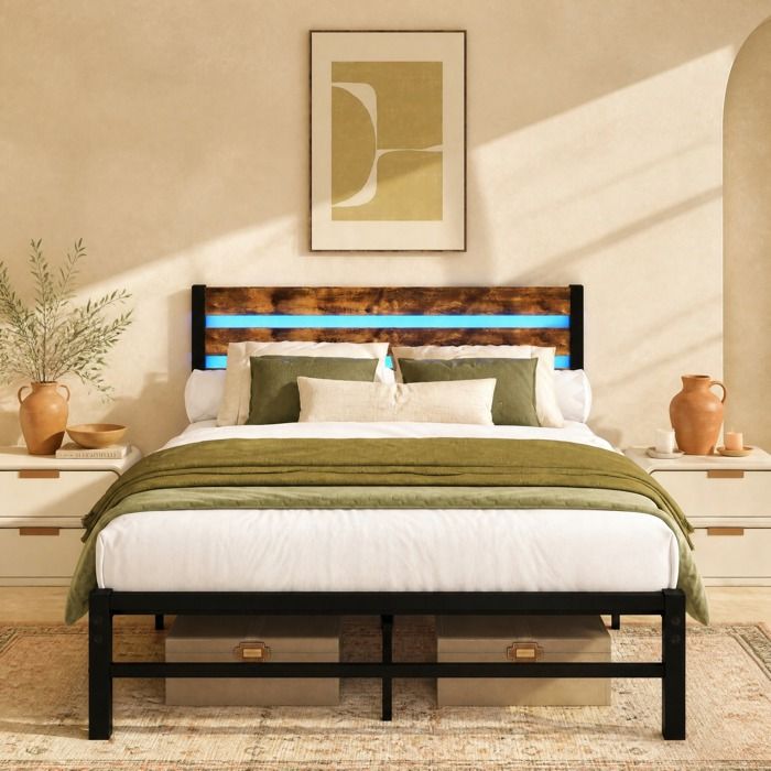 Sommier à lattes 2 places 140×200 cm tête de lit LED port USB et rangement sous lit - LPOSPI - sans matelas marron antique