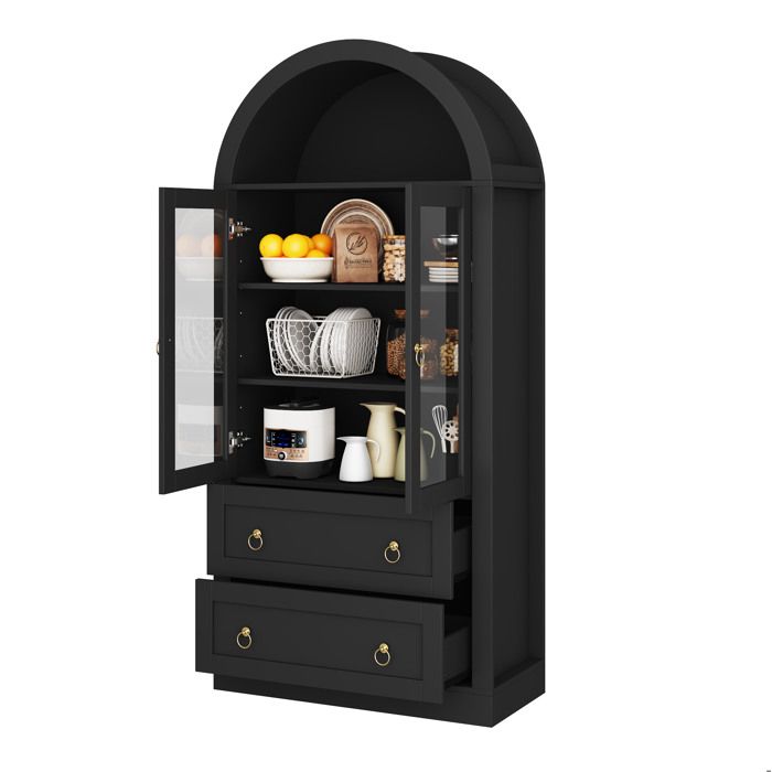 SENVIRO Vitrine armoire haute 80 x 36 x 170 cm portes en verre deux tiroirs étagères réglables noir panneaux de particules