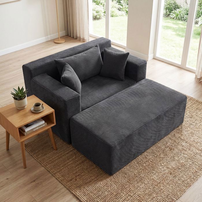 COSTWAY Canapé Lounge 1 Place en Mousse Velours Côtelé 127×91×69 cm Avec Pouf Sans Montage Housse Lavable Charge Maximale 150 kg