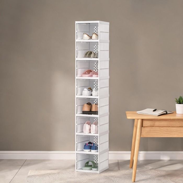 Meuble étagère à chaussures en plastique blanc 8 niches à portes transparentes pliable et empilable pour jusquà pointure 43