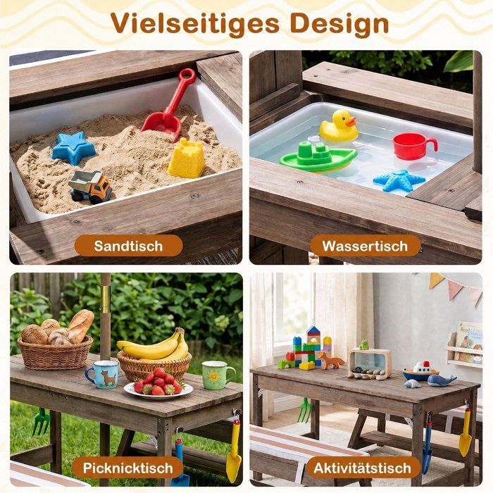 En bois de sapin : table pique-nique enfant avec bancs parasol réglable jeux en extérieur
