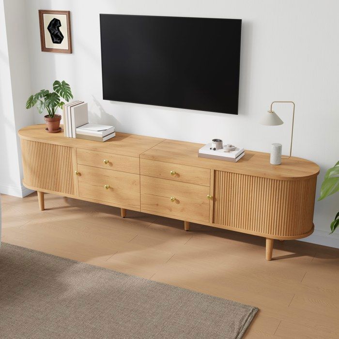 Meuble TV 180 cm - avec 2 Portes Coulissantes 4 Tiroirs Façades Ondulées en Relief Bords Arrondis Charge 70 kg - Bois Naturel