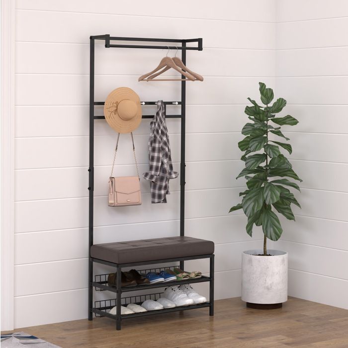 Garderobe dentrée avec banc et range-chaussures 5 crochets 2 étagères - YEAVIO - Métal noir 72 5 × 35 × 180 cm