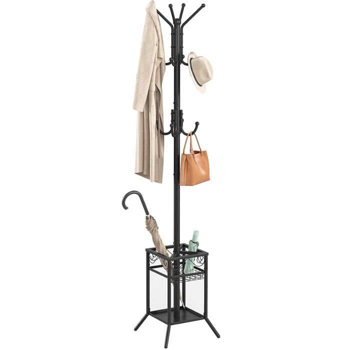 Porte-manteau sur pieds 12 crochets 3 niveaux range-parapluie avec bac dégouttement métal noir 34.5 x 34.5 x 180 cm 4 kg