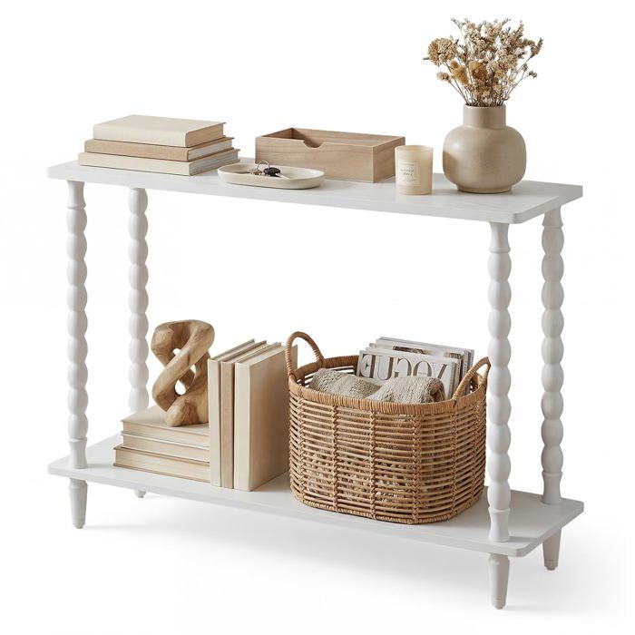 Console table dentrée 100 cm - 2 niveaux en bois massif blanc - piètement bois de caoutchouc - 100 x 30 x 76 cm Console table dentrée 100 cm - 2 niveaux en bois massif blanc - piètement bois de caoutchouc - 100 x 30 x 76 cm