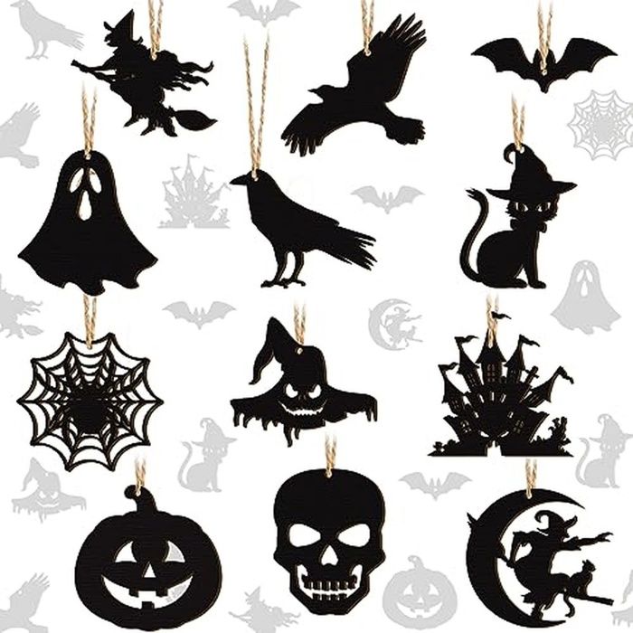 Ensemble de 36 décorations dHalloween en bois noir : citrouilles fantômes chapeaux de sorcière araignées chauves Ensemble de 36 décorations dHalloween en bois noir : citrouilles fantômes chapeaux de sorcière araignées chauves
