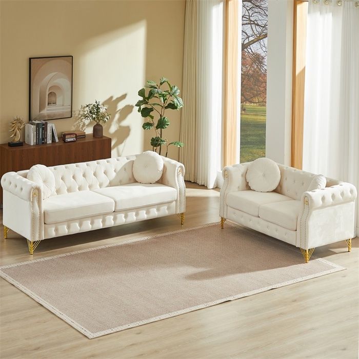Canapé 5 places 208 3 x 229 8 x 73 6 cm - Ensemble de 2 canapés en velours style Chesterfield avec pieds dorés - Beige Canapé 5 places 208 3 x 229 8 x 73 6 cm - Ensemble de 2 canapés en velours style Chesterfield avec pieds dorés - Beige