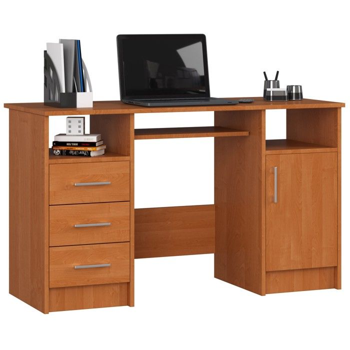 Bureau dordinateur AKORD ANA Aulne 124 cm 1 porte 3 tiroirs façade Aulne 5 étagères 124x52x74 cm