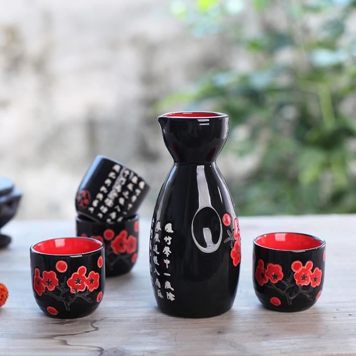 Panbado Service à Saké Japonais en Porcelaine - 4 Tasses 1 Carafe à Saké  Couleur Noir Motif Sakura Fleur de Cerisier Poème Chinois - Cdiscount Maison