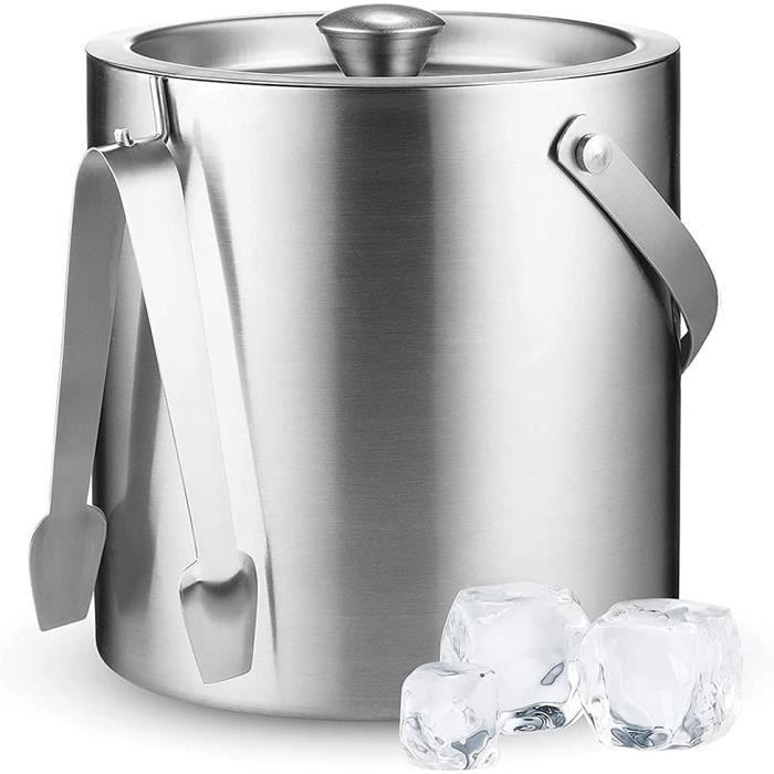 Seau à Glace Double Paroi Pour Cocktails Fêtes Seau à Glace Isotherme Acier Inoxydable 3L - Kit Complet Cuillère, Pince, Passoire Et Couvercle Cadeau Amateur Cocktails Vin Champagne