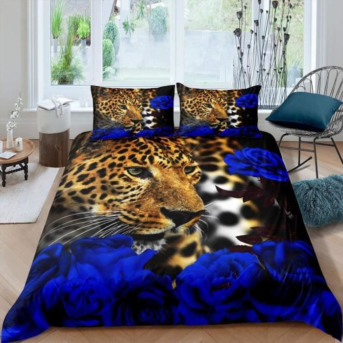 Parure De Lit 150x200cm Microfibre Avec 2 Taies 65x65cm | Motif Guépard 3D, Housse à Fermeture Zippée | Pour Adulte Et Déco Chambre